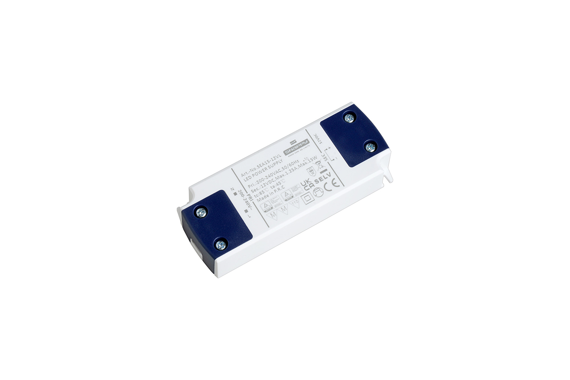 SEA15-12VL  15W, Constant Voltage Non Dimmable LED Driver, 12VDC, 1.25A, Input 200-240VAC 50/60Hz, IP20.